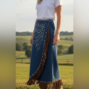 Vintage St Marteen Blue Denim Skirt with Suede Fringe and Star Accents